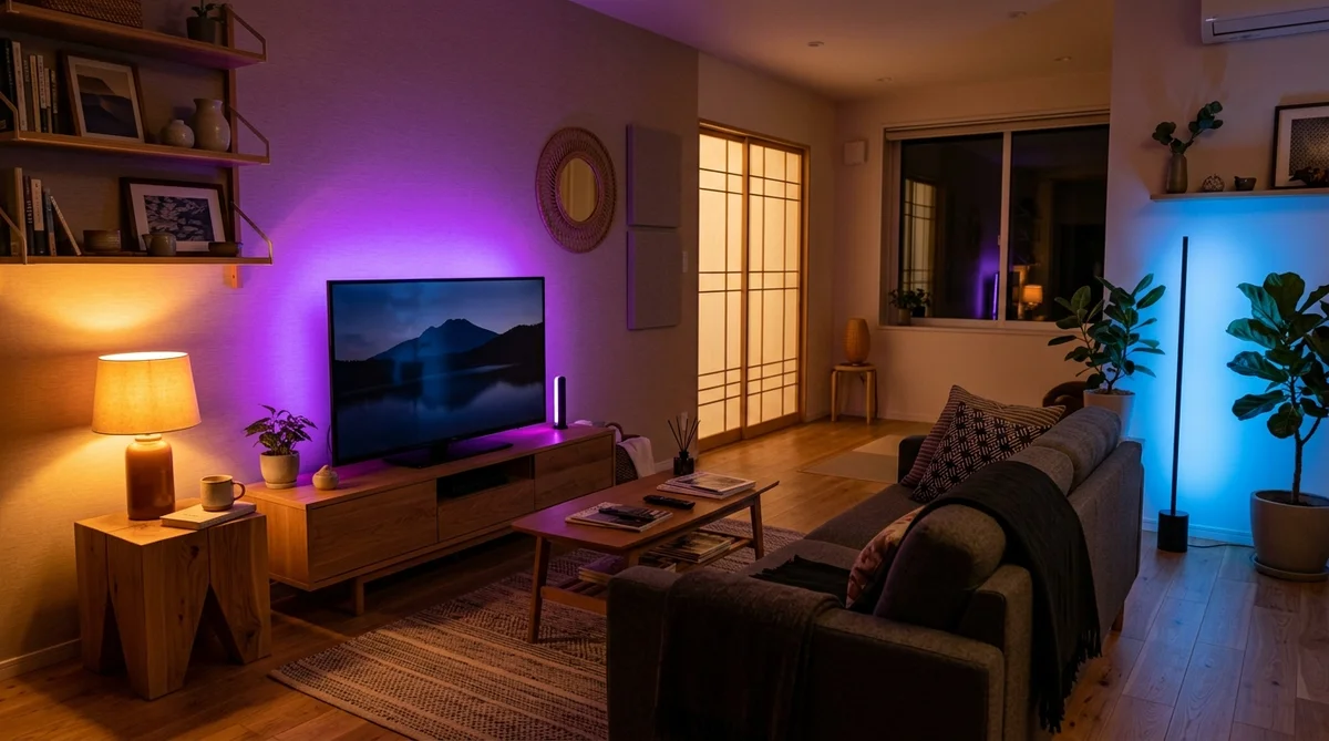 Philips Hueで色とりどりに照らされた夜のリビング