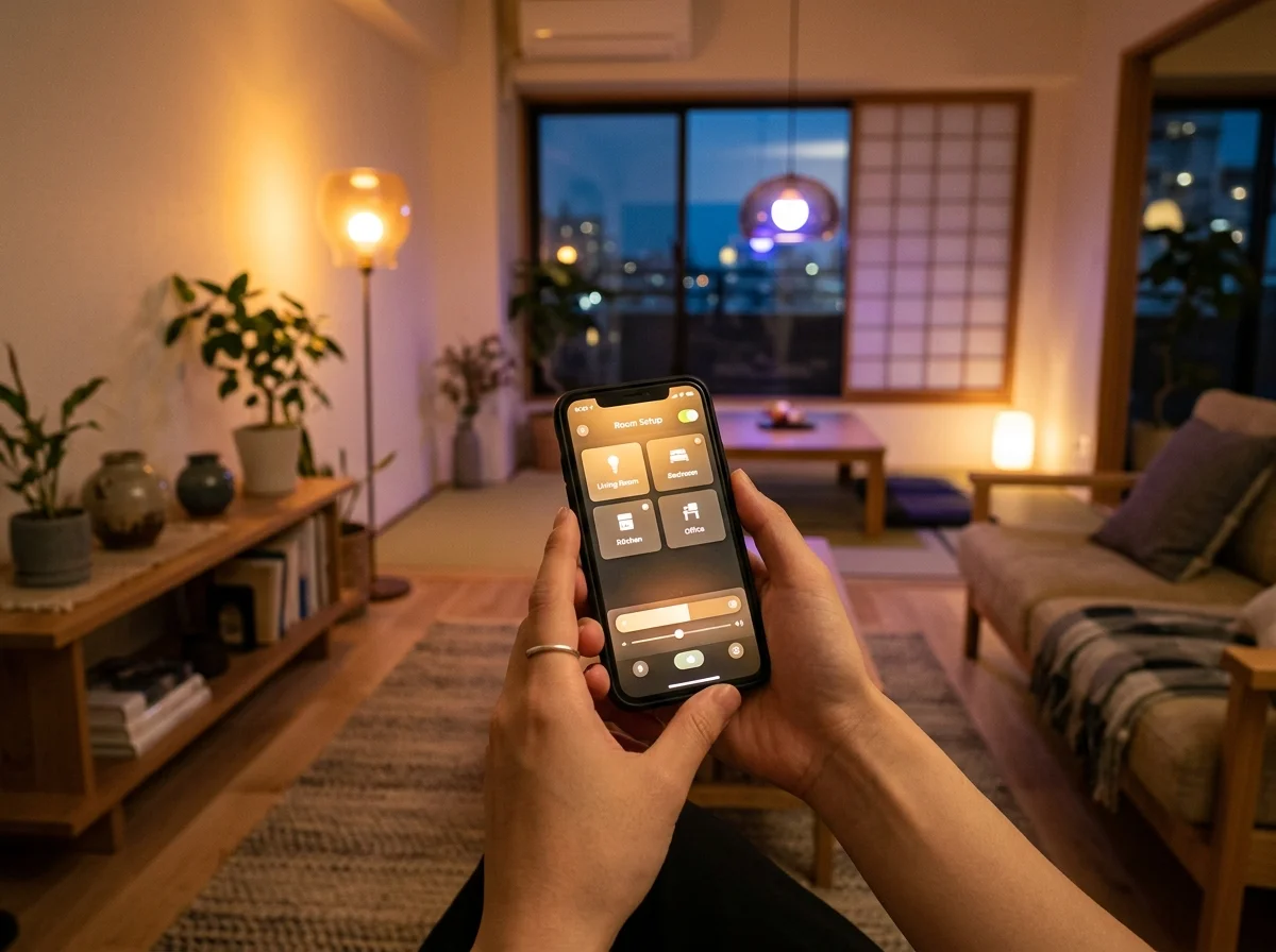 スマートフォンでPhilips Hueアプリを操作する様子。ルーム設定画面が表示されている