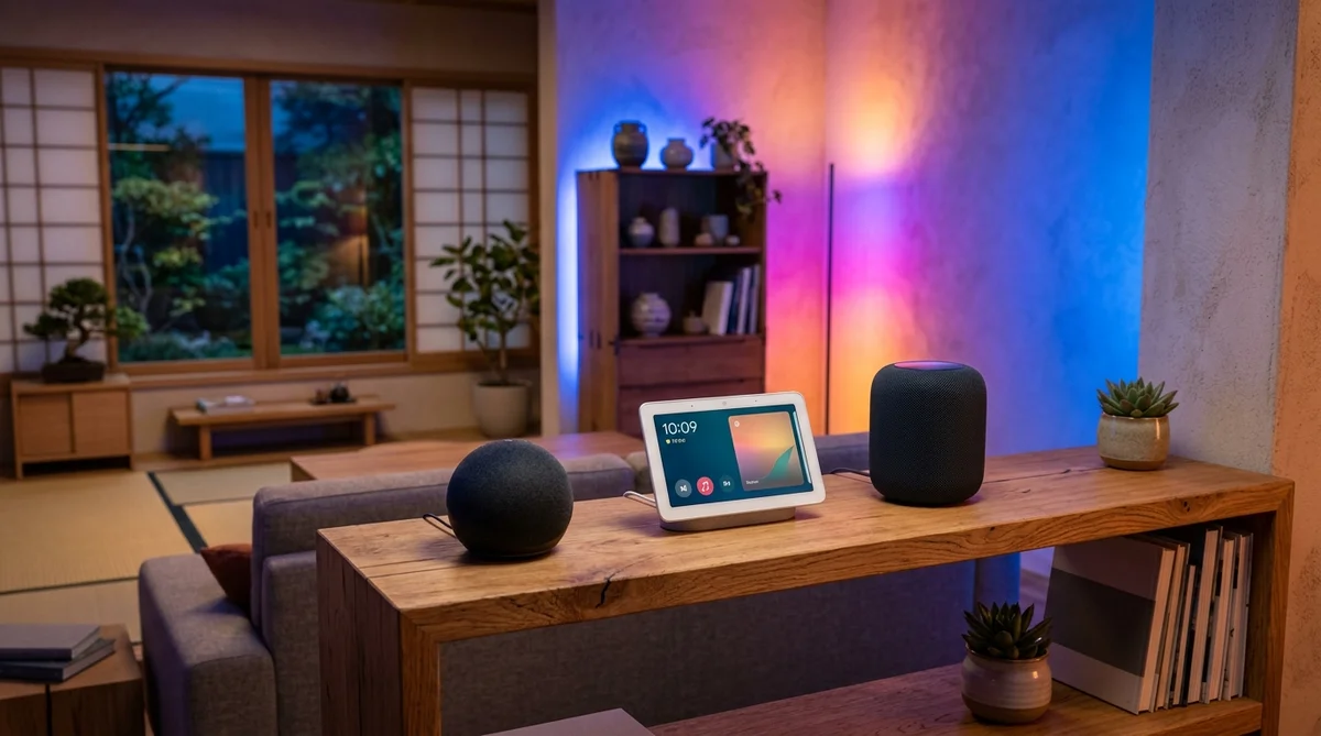 Philips Hue、Amazon Echo、Google Nest、Apple HomePodが並ぶスマートホームのイメージ