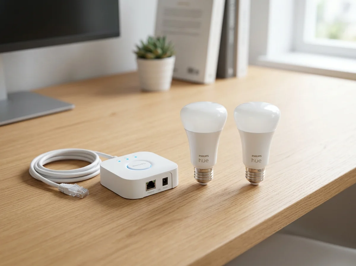 Philips Hueスターターキットの開封イメージ。電球とHue Bridgeが同梱されている