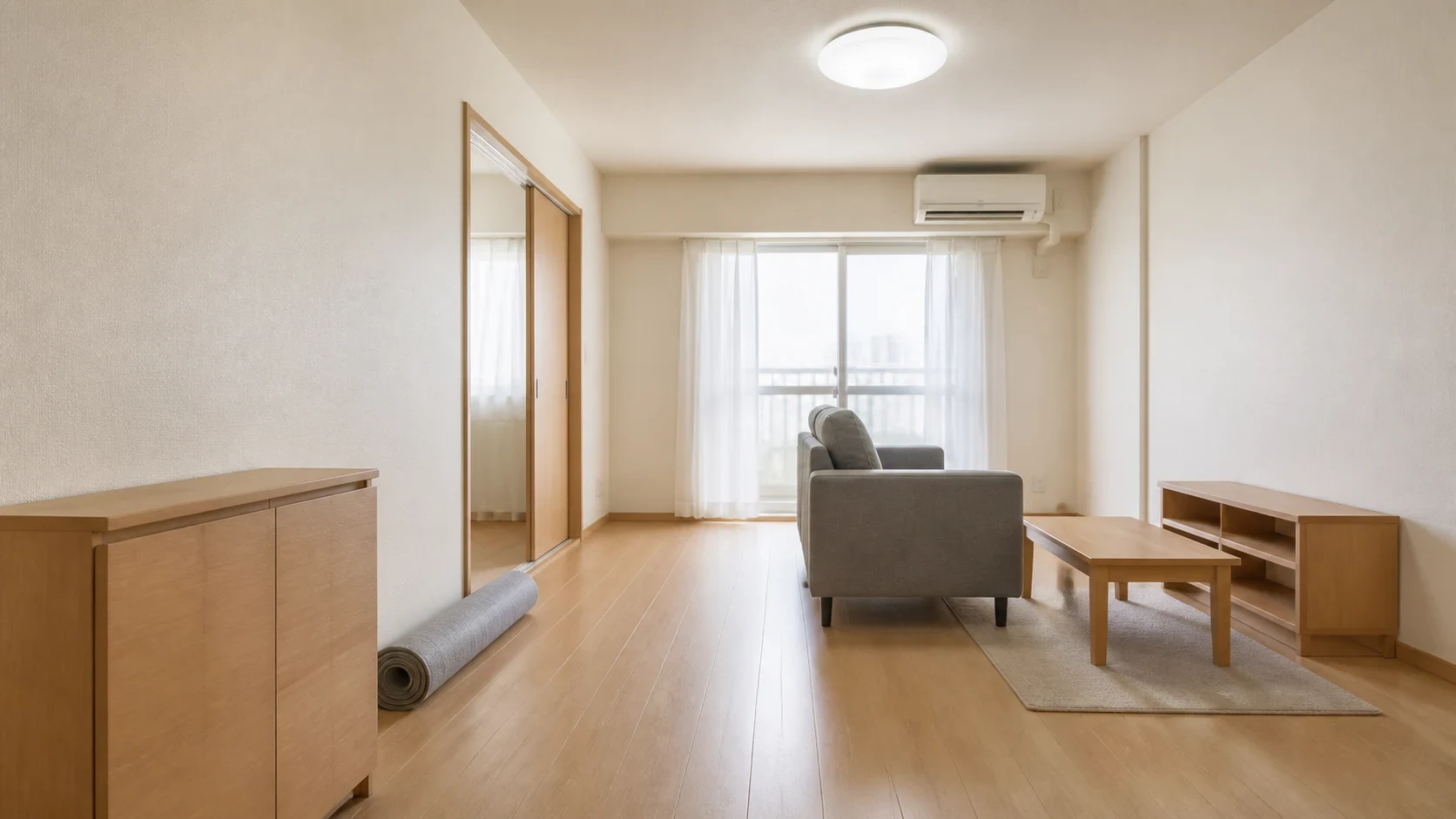 家具の配置を変える予定の賃貸の部屋で、間接照明を買う前に壁と床の余白を見渡す室内写真