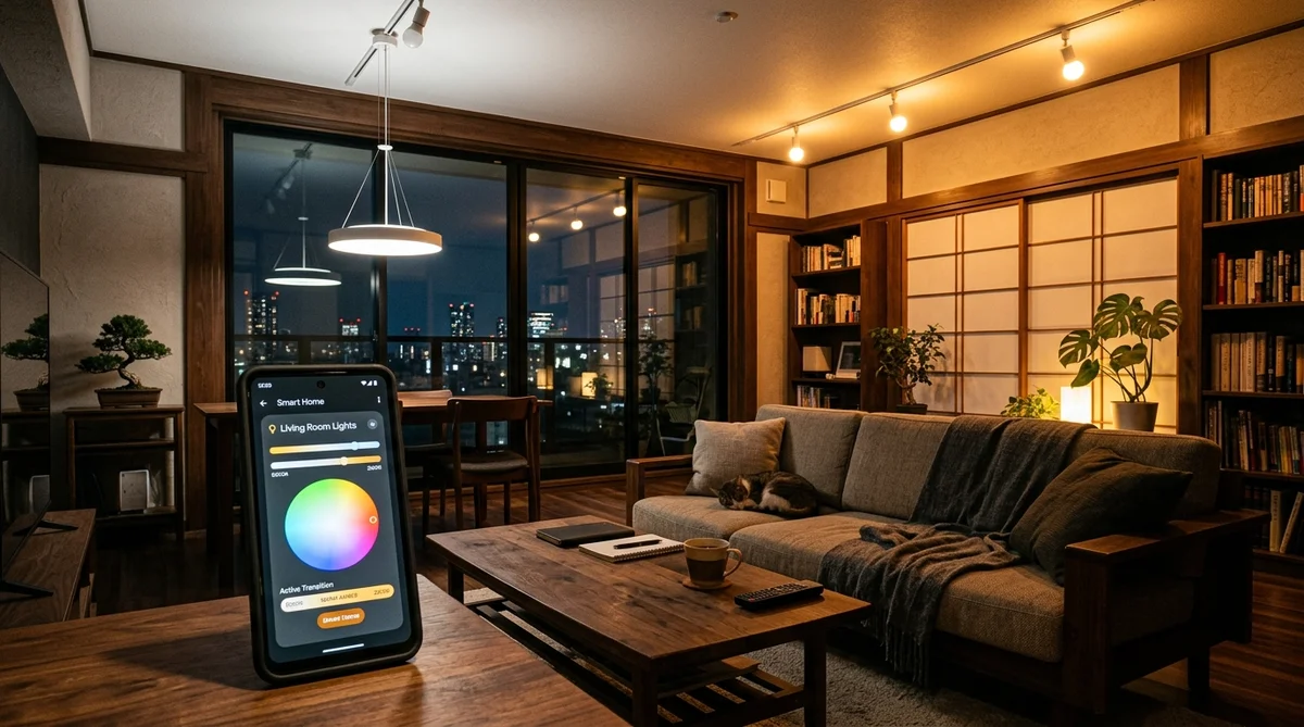 夜のリビングでスマート電球が白色から暖色に自動変化する様子
