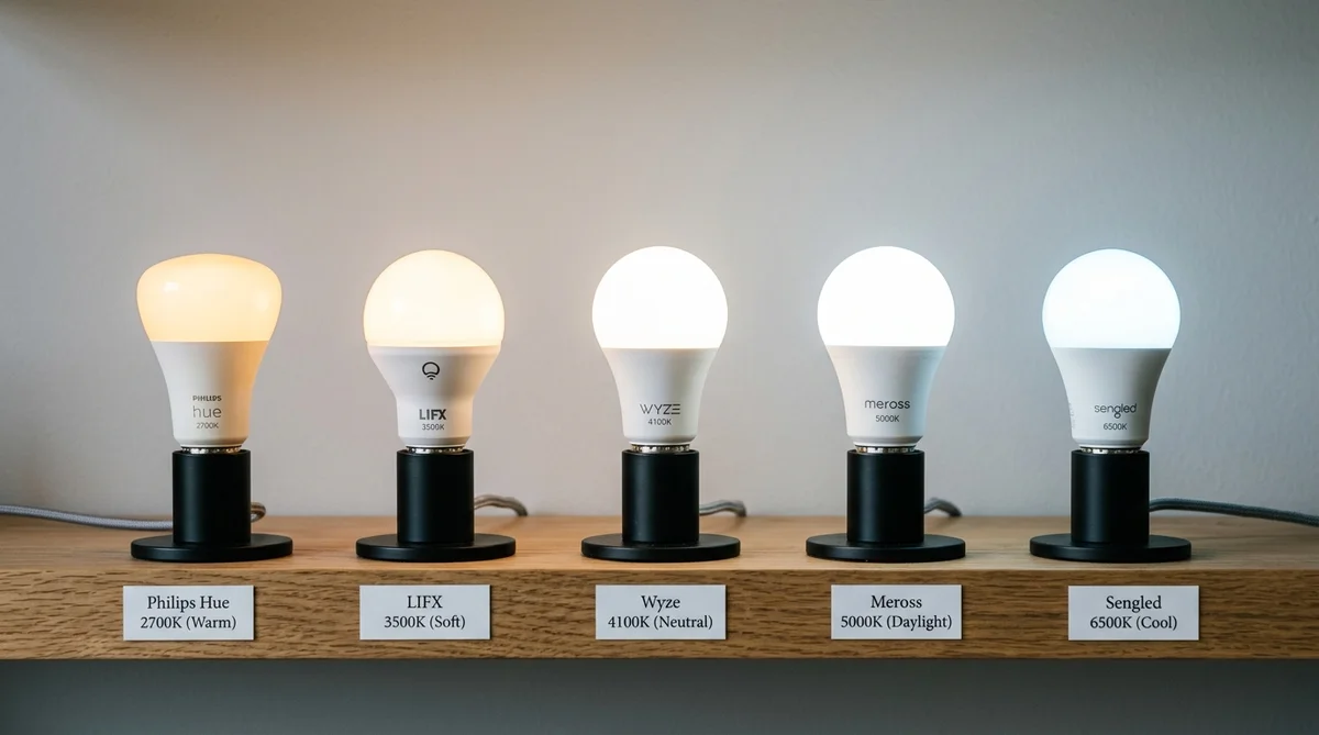 5種類のスマート電球を色温度別に並べた比較写真