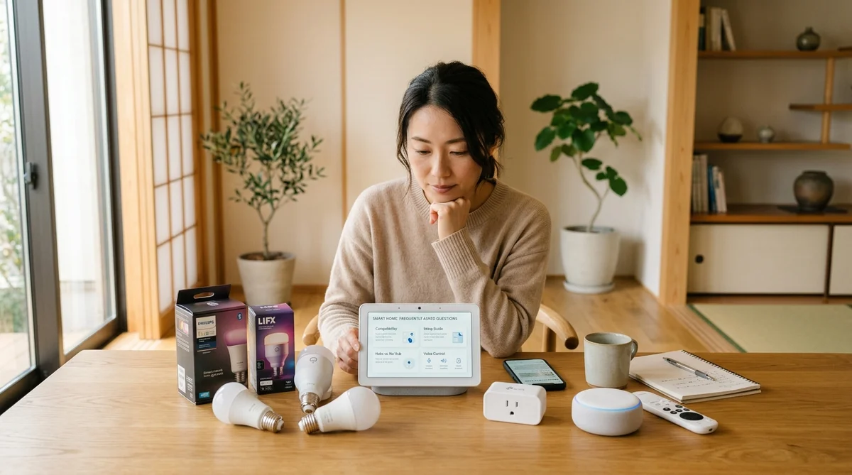 スマート電球とデバイスを前に検討している様子