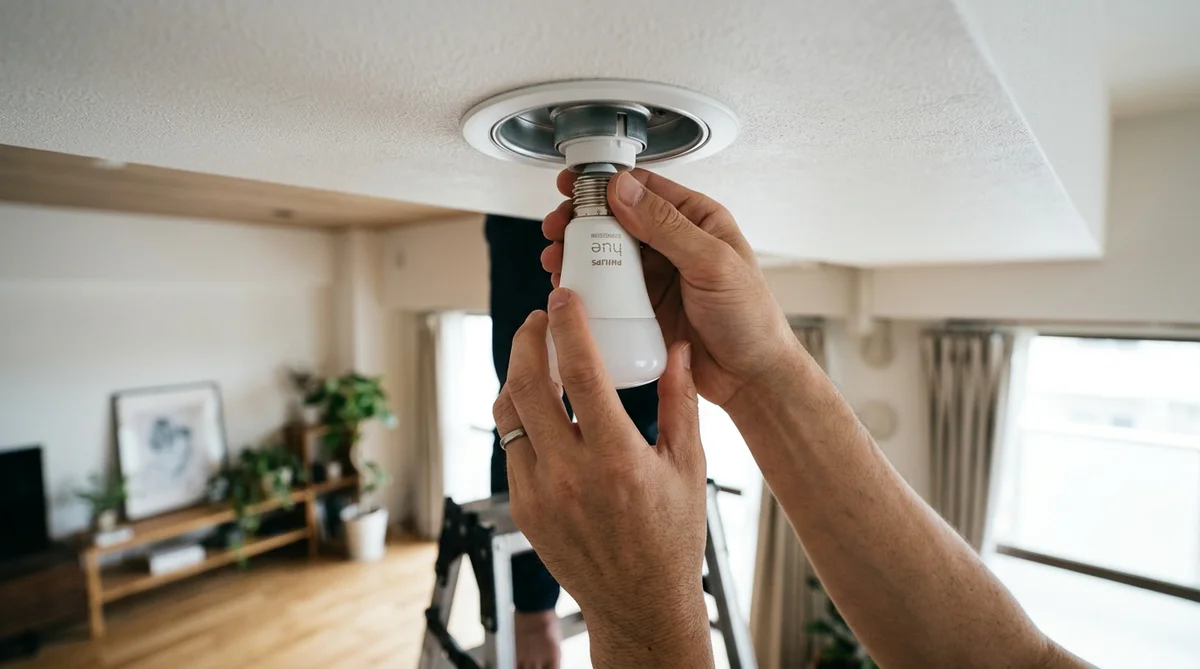 天井のダウンライトにスマート電球を取り付ける手元のクローズアップ
