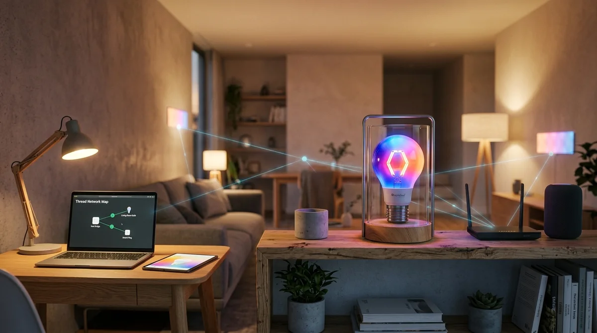 Nanoleaf Essentials スマート電球がマルチカラーで発光するモダンなリビング