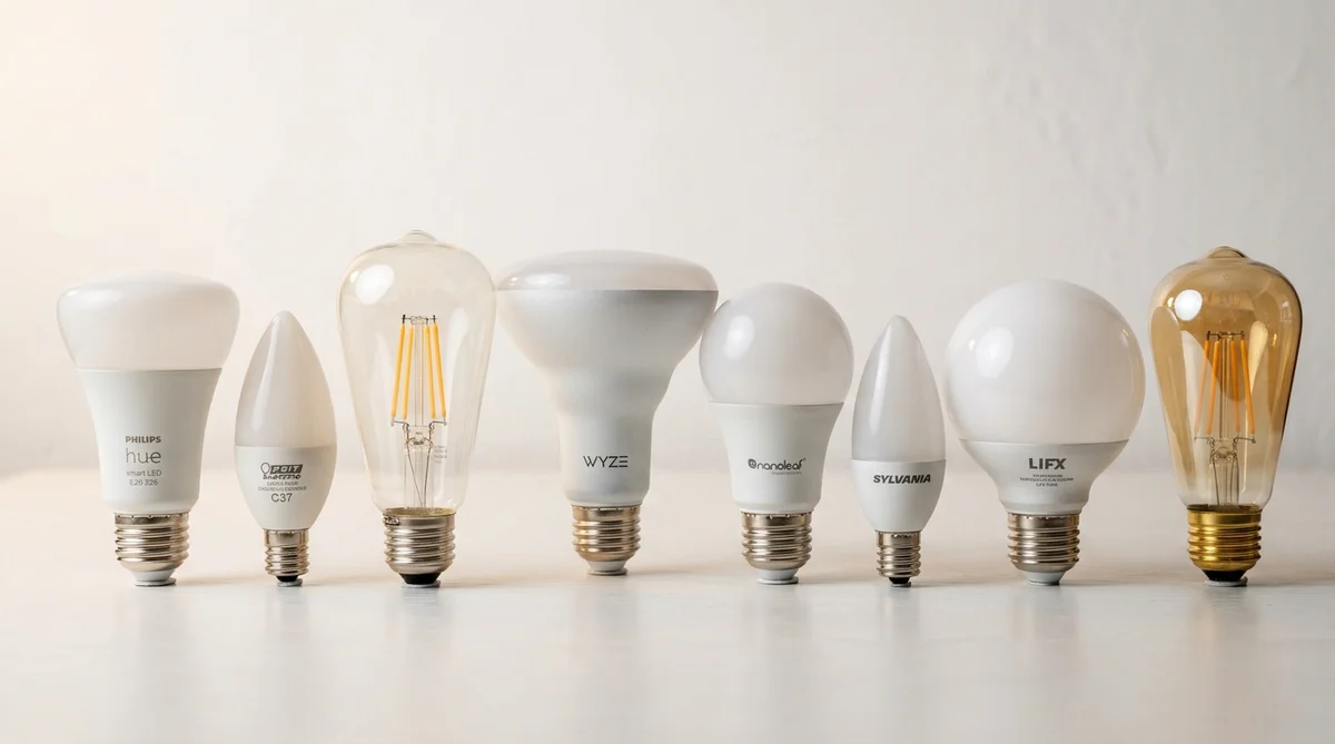 スマート電球の各種タイプ。E26やE17口金の異なるスマート電球が並ぶ様子