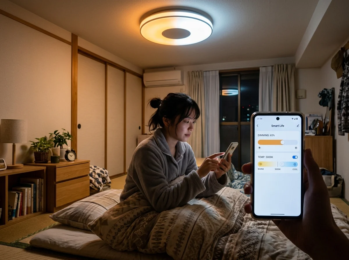 スマートフォンでシーリングライトの調光調色を操作する様子