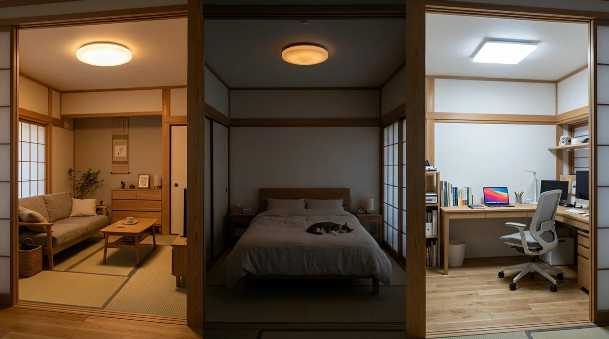 スマートシーリングライトの比較：部屋ごとに異なる色温度で照らされた日本の住宅
