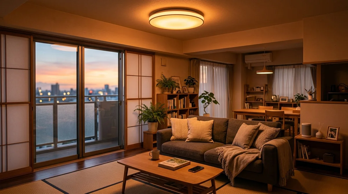 暖色の夕暮れモードで照らされた日本の部屋