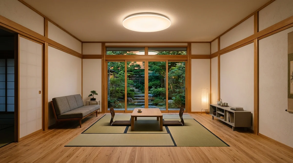 モダンな日本のリビングに設置されたスマートシーリングライト