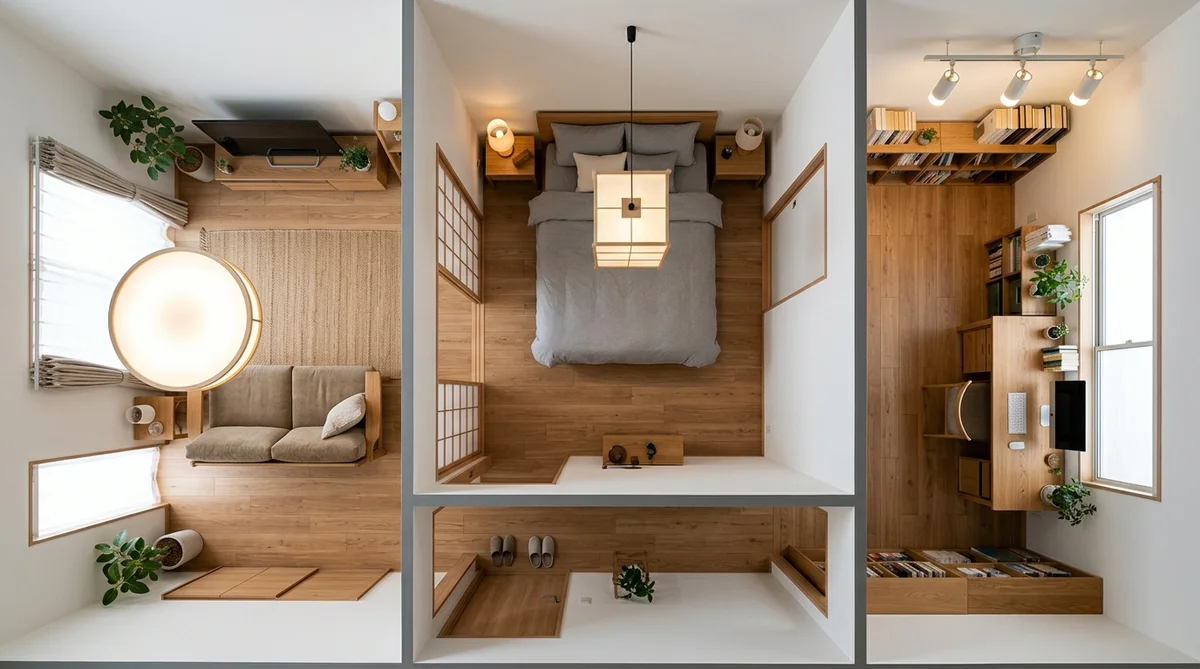 部屋ごとに異なるスマートシーリングライトが設置された日本の住宅