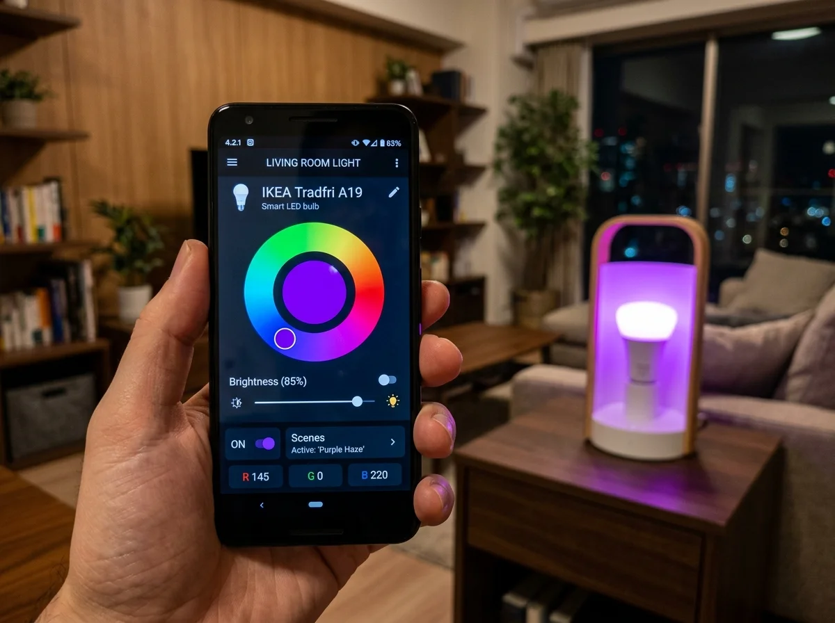 スマホアプリでスマート電球の色を操作している様子