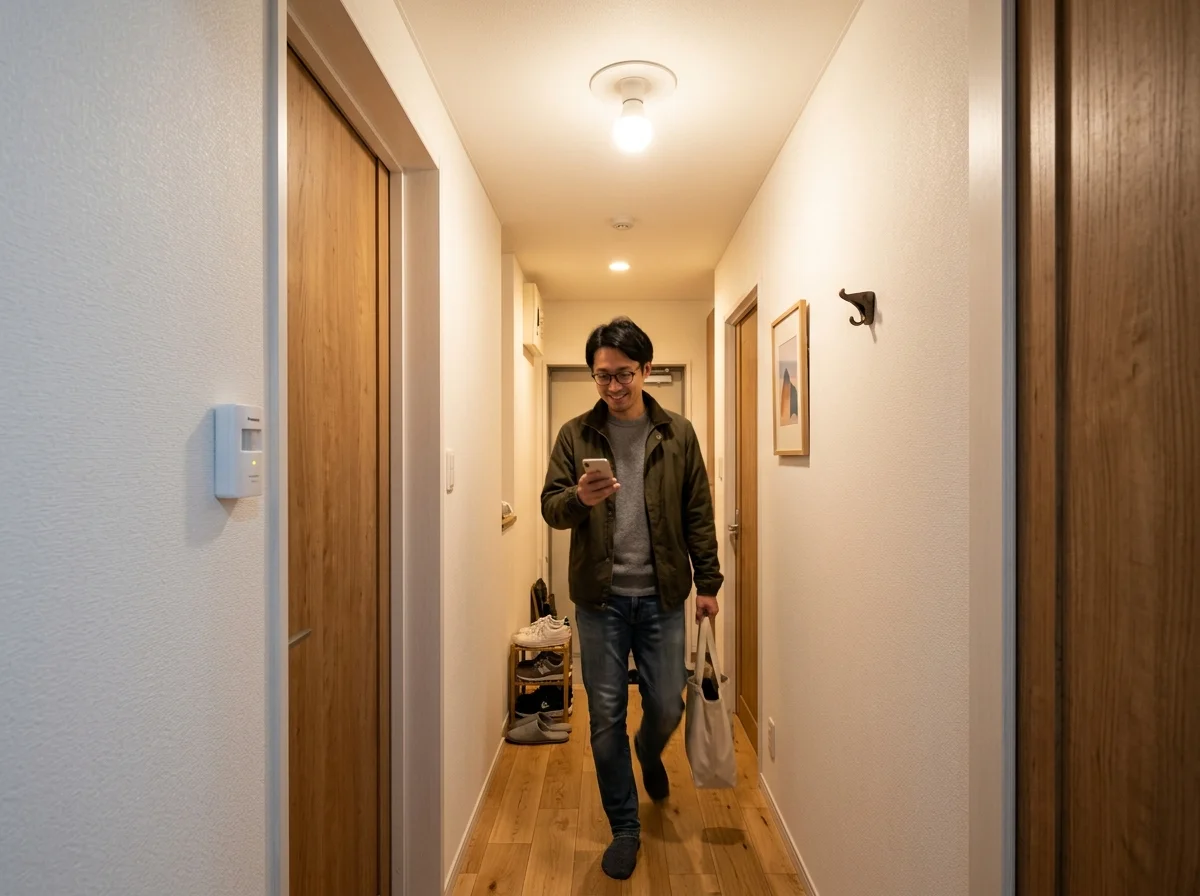 廊下のセンサーと連動して自動点灯するスマート電球