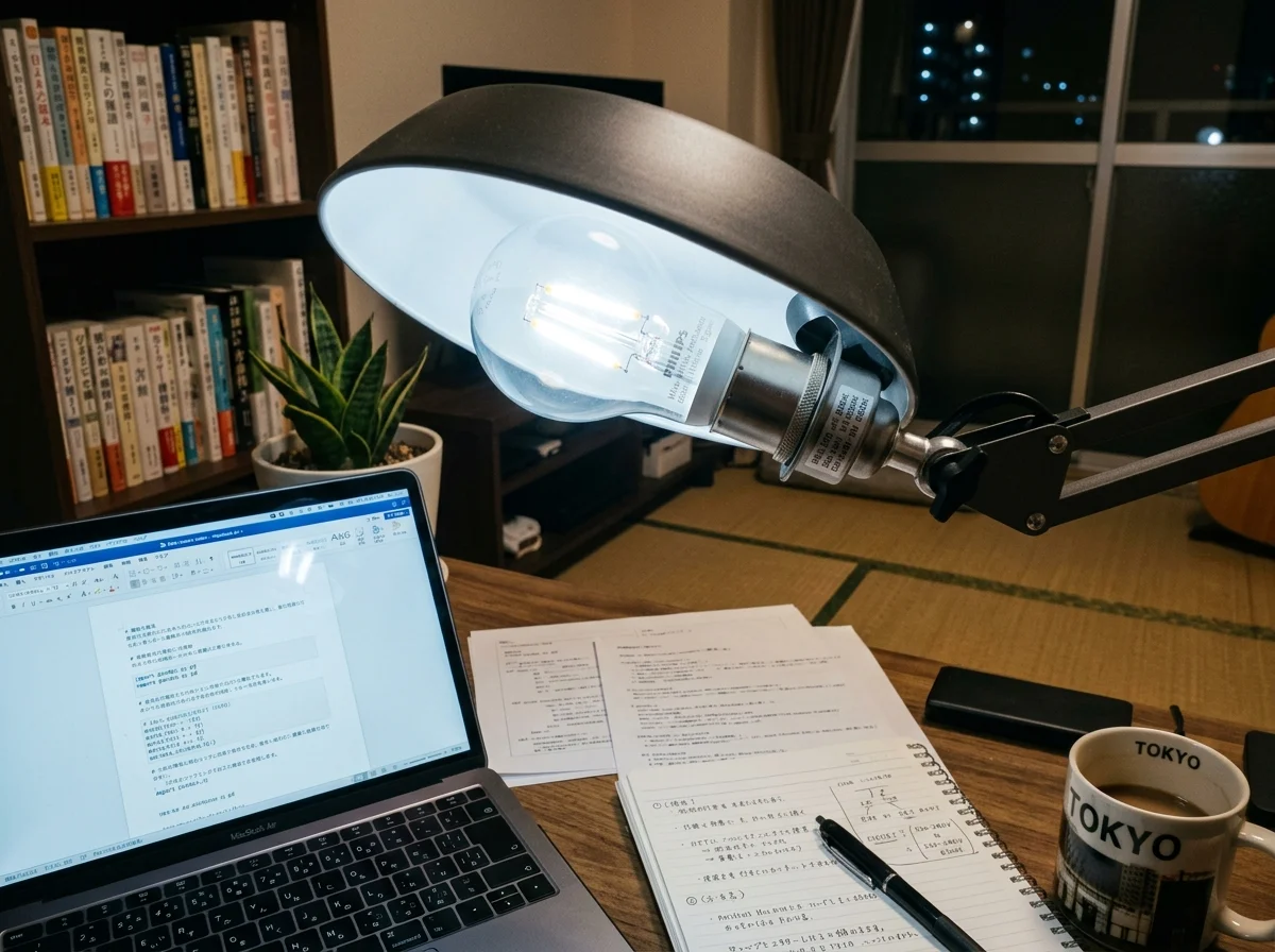 デスクライトのスマート電球で作業する様子