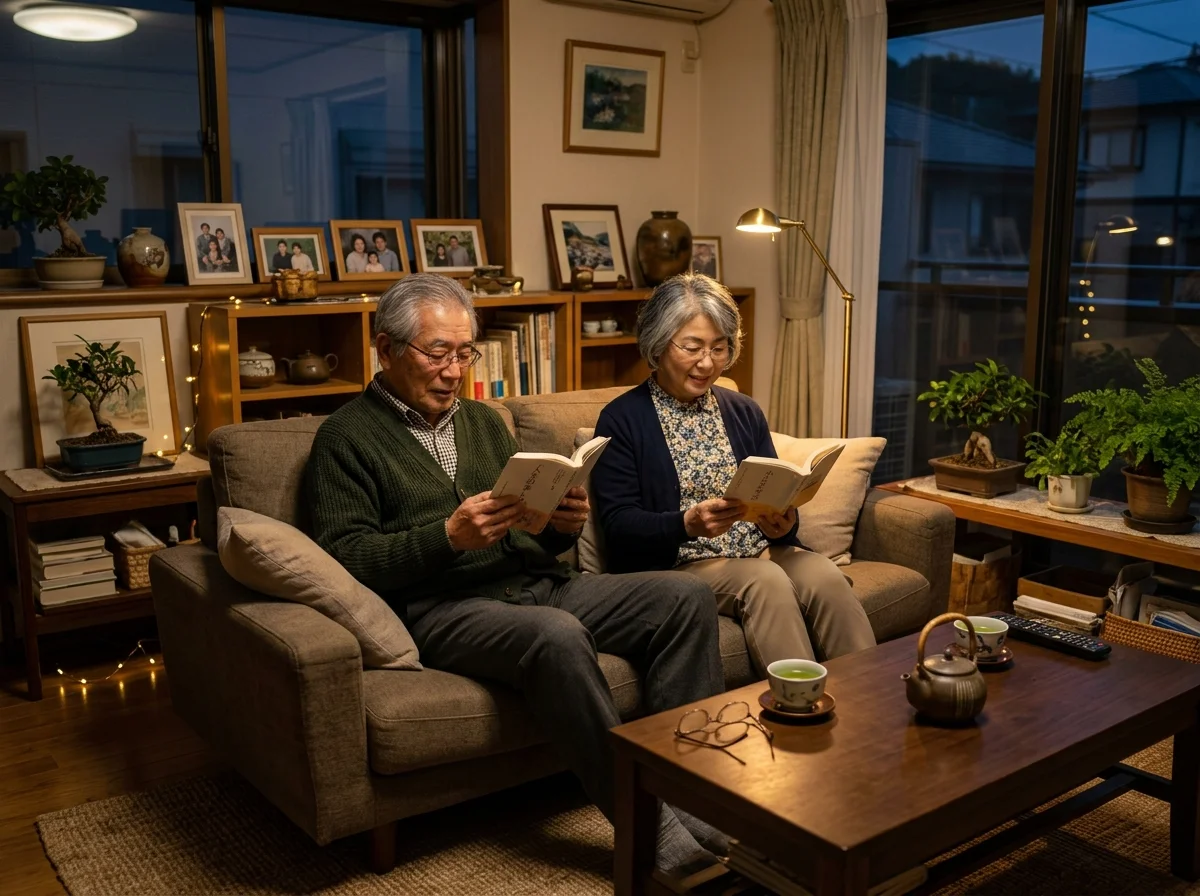 シニア夫婦がリラックスした照明の下で過ごす様子