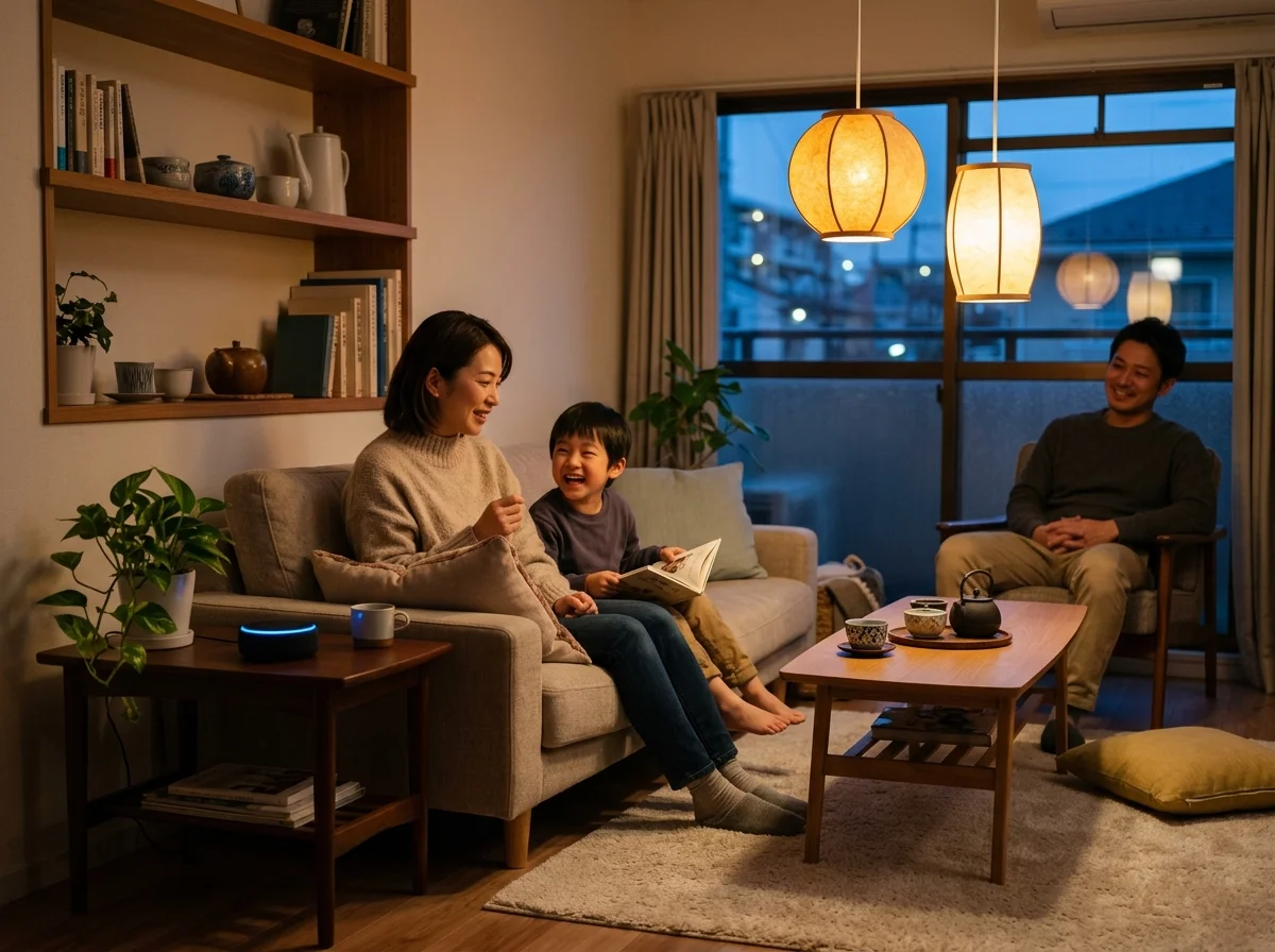 スマートスピーカーとスマート電球が連携したリビング