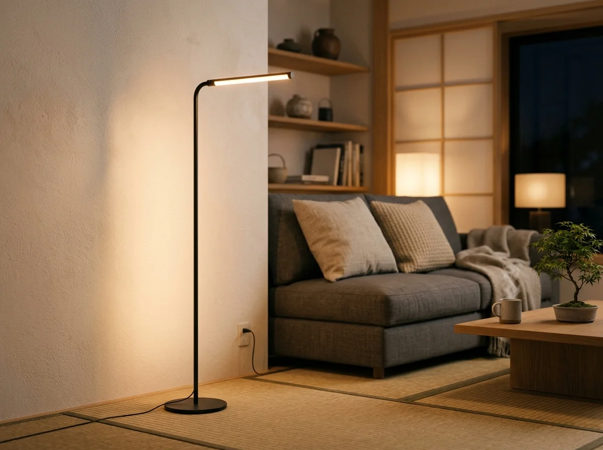 SwitchBotフロアライトが暖色で点灯しているリビングルームのコーナー