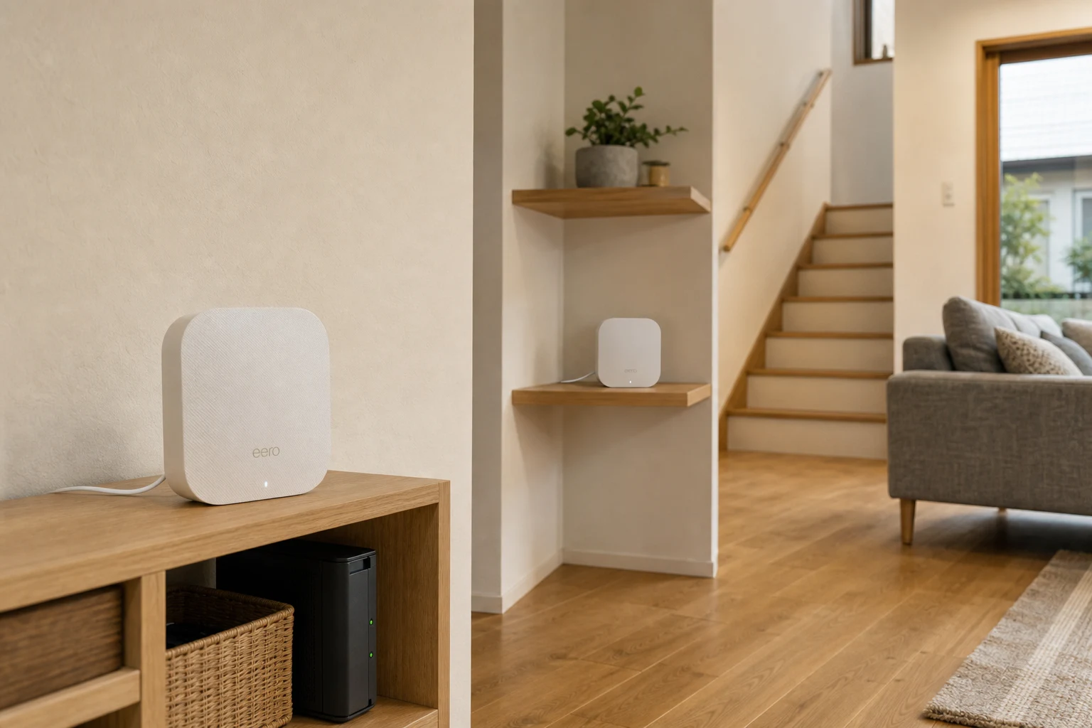 日本の戸建ての棚と階段を挟んで置かれた白いeero Pro 6Eの2台セット