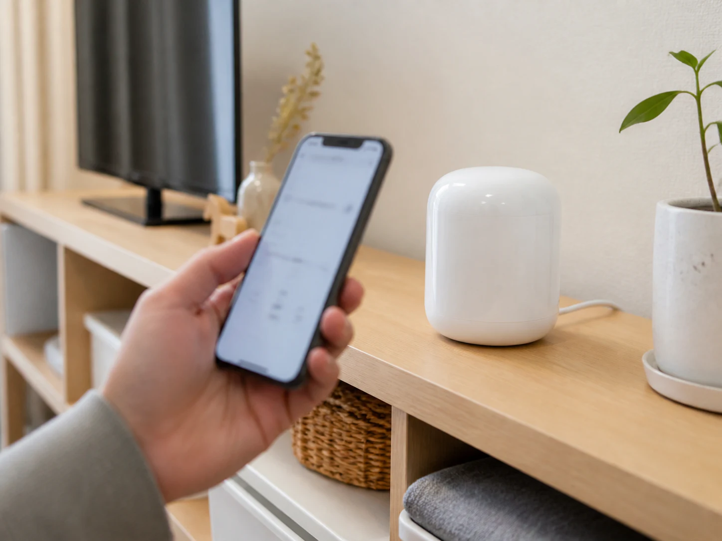 Google Nest Wifi Proのそばでスマートフォンから設定を進める様子