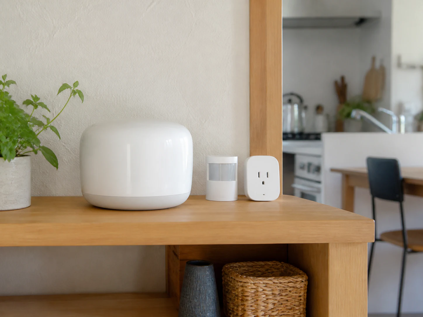 Google Nest Wifi Proと2.4GHzのスマート家電を同じ棚で使うイメージ