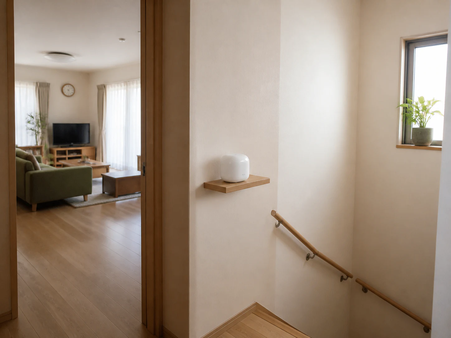 階段に近い途中の棚へ置いたGoogle Nest Wifi Proの設置イメージ