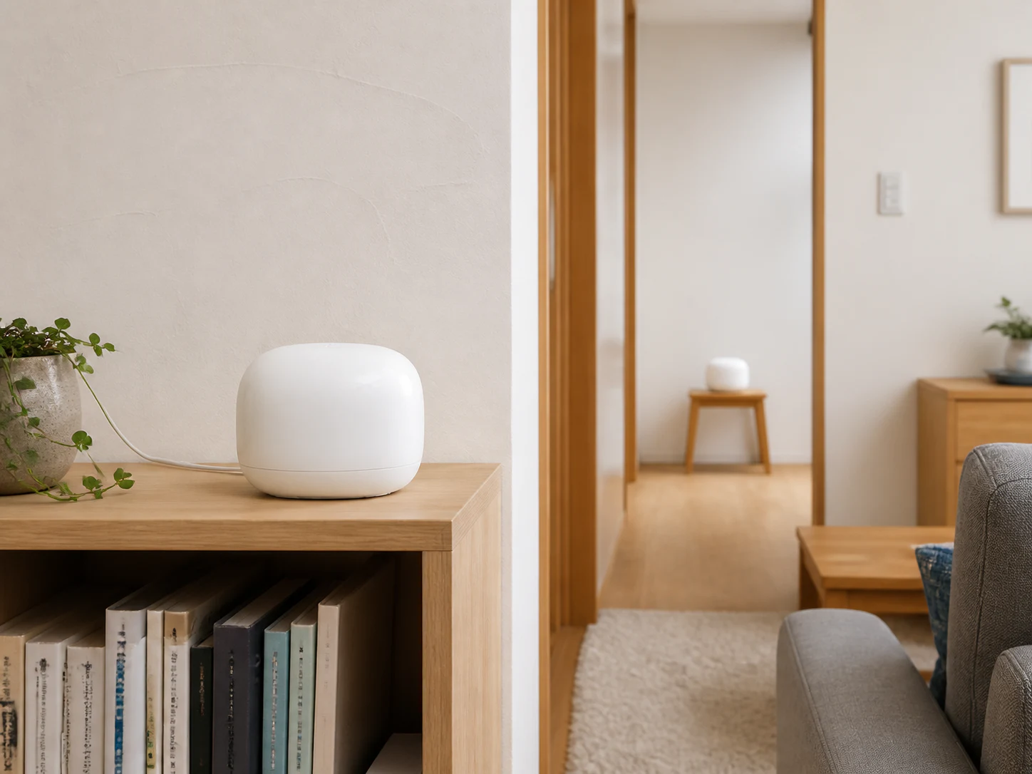同じ部屋と隣室の棚に置いた2台のGoogle Nest Wifi Pro