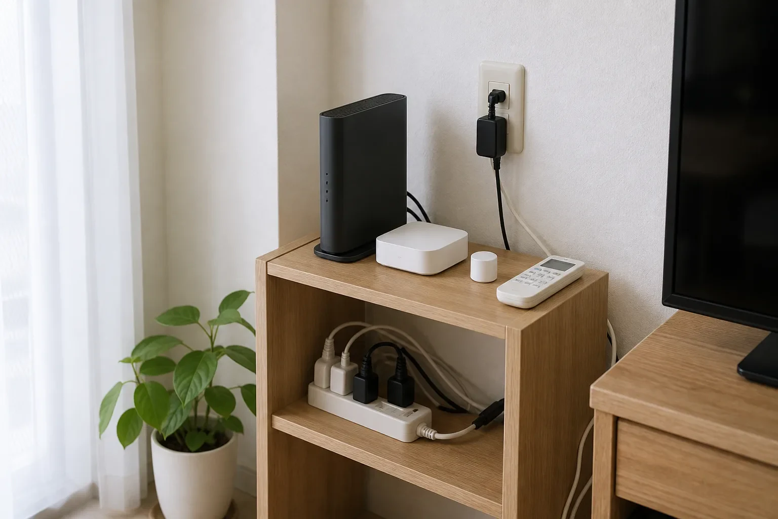 Wi-Fiルーターと汎用ハブ、Thread機器、スマートフォンを小さな棚に並べた日本の集合住宅のネットワーク環境