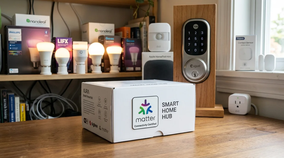 Matter認証ロゴが付いた製品パッケージと各種Matter対応デバイス