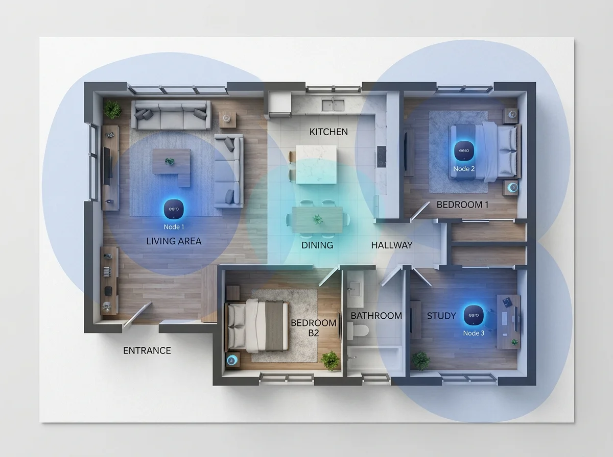 メッシュWiFi構成図：複数ノードがカバーエリアを形成する様子