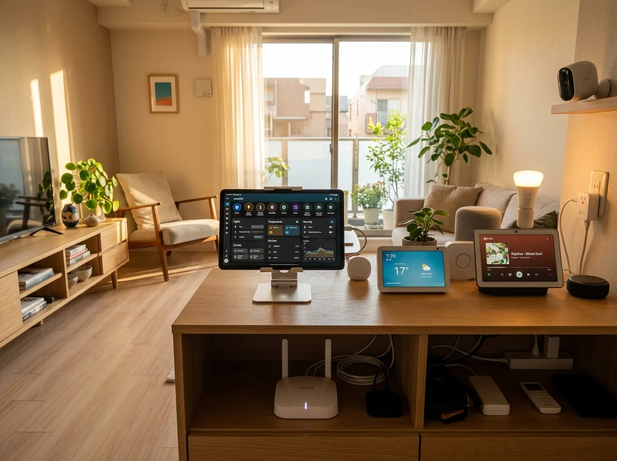メッシュWiFi設置のイメージ：リビングとスマートホームデバイス