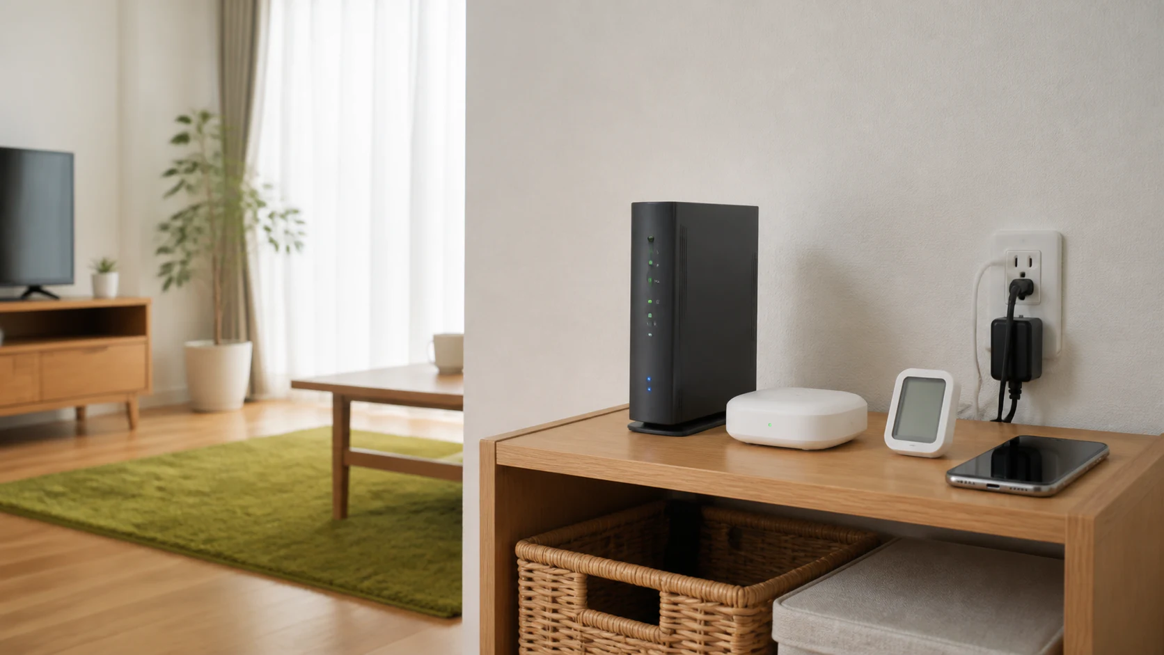 日本の住まいでルーター、スマートホームハブ、センサー、スマートフォンを使う場面