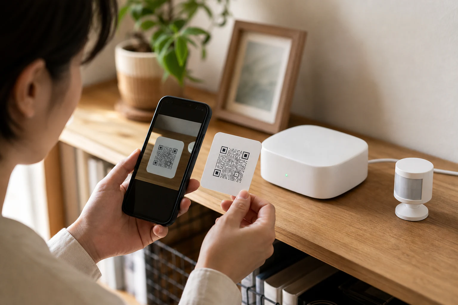 スマートフォンでMatter機器のQRコードを読み取り、ハブとセンサーを確認する家庭の場面