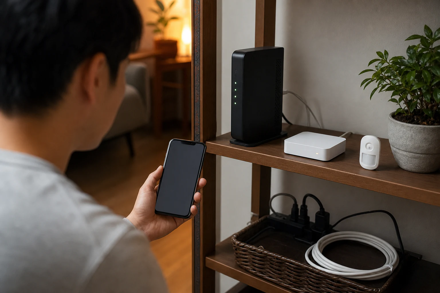 スマートフォン、ルーター、ホームハブの状態を確認しながら接続を切り分ける家庭の場面