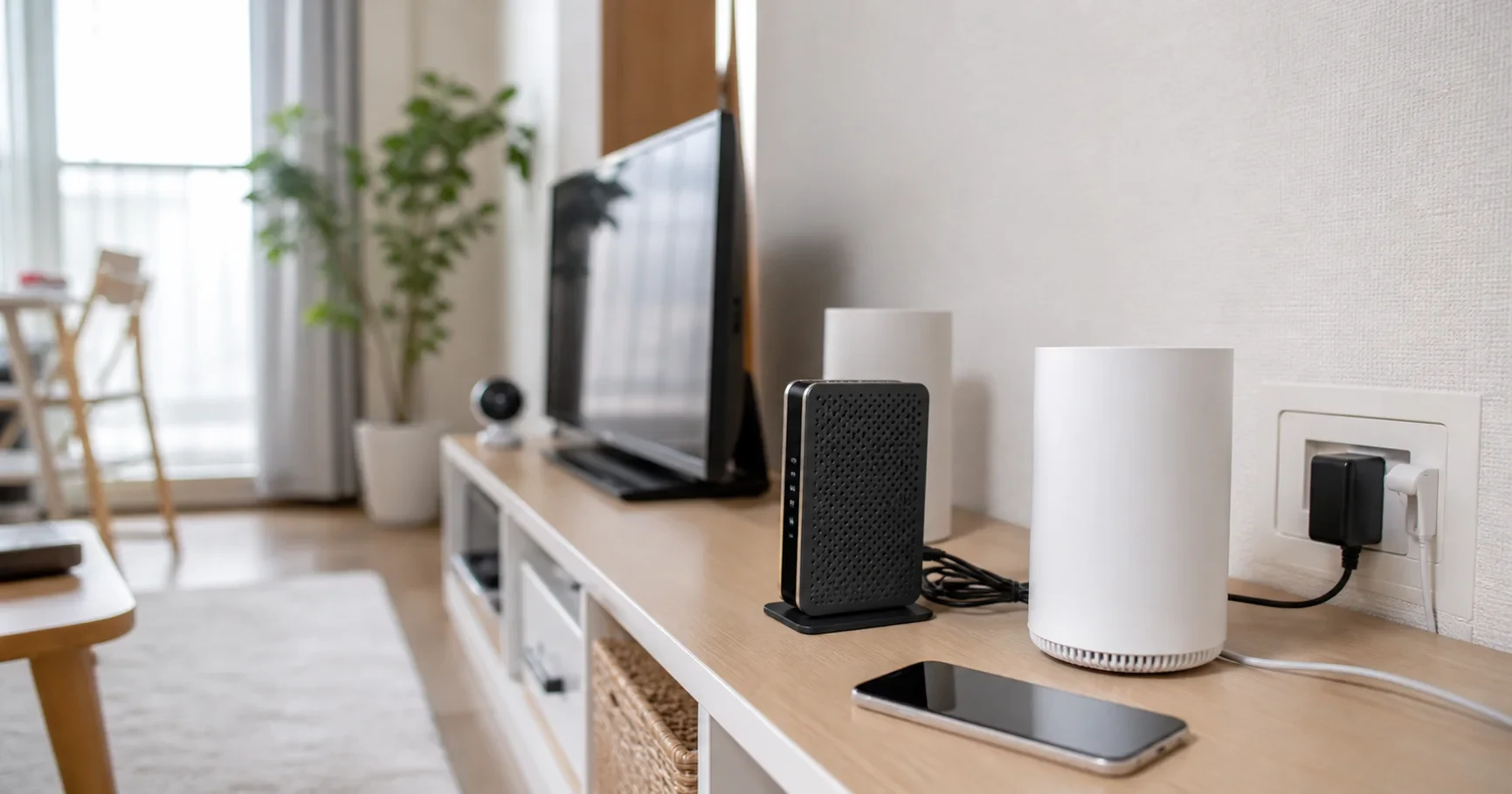 日本のリビングで古いルーターと新しいメッシュWi-Fiを交換する場面
