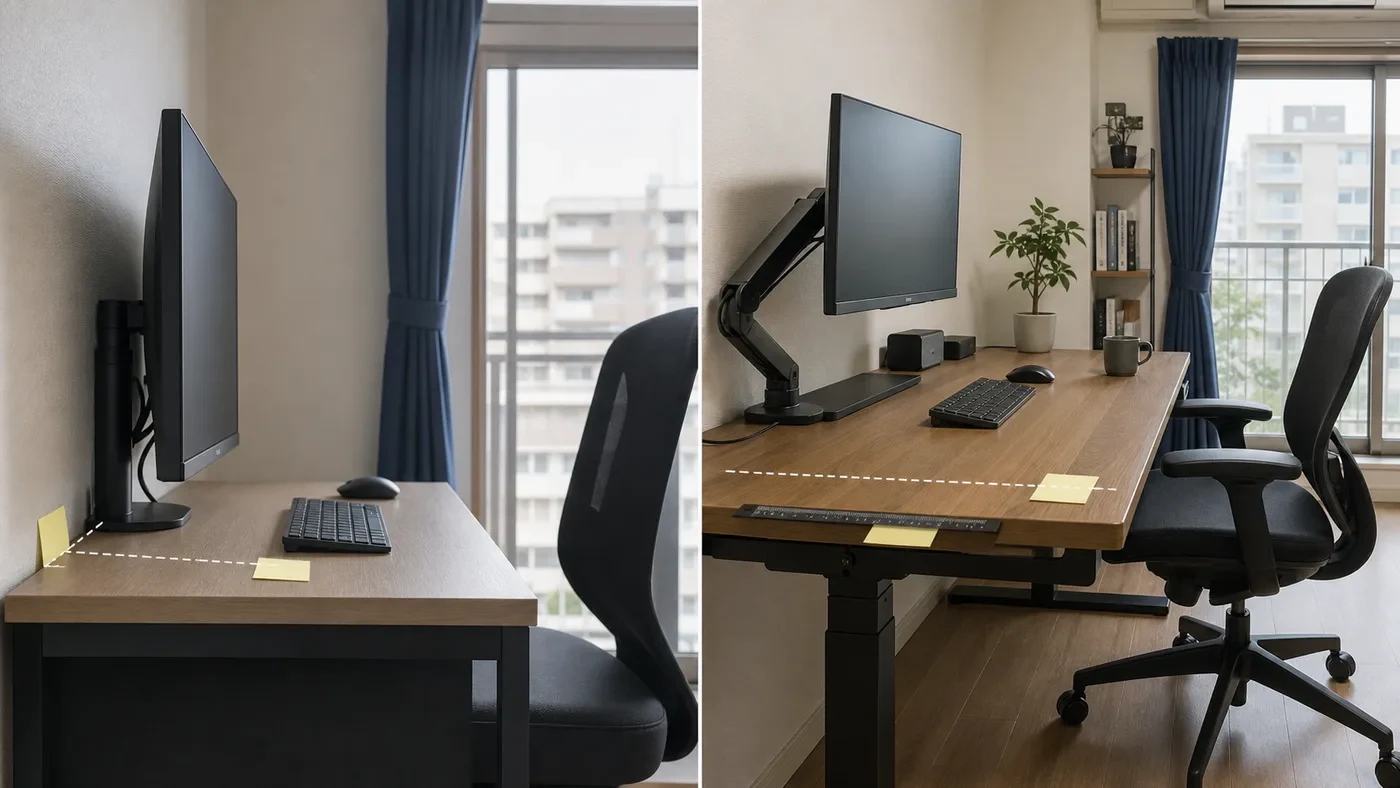 27型モニターとノートPC、キーボードを奥行きのある机へ並べて測る場面