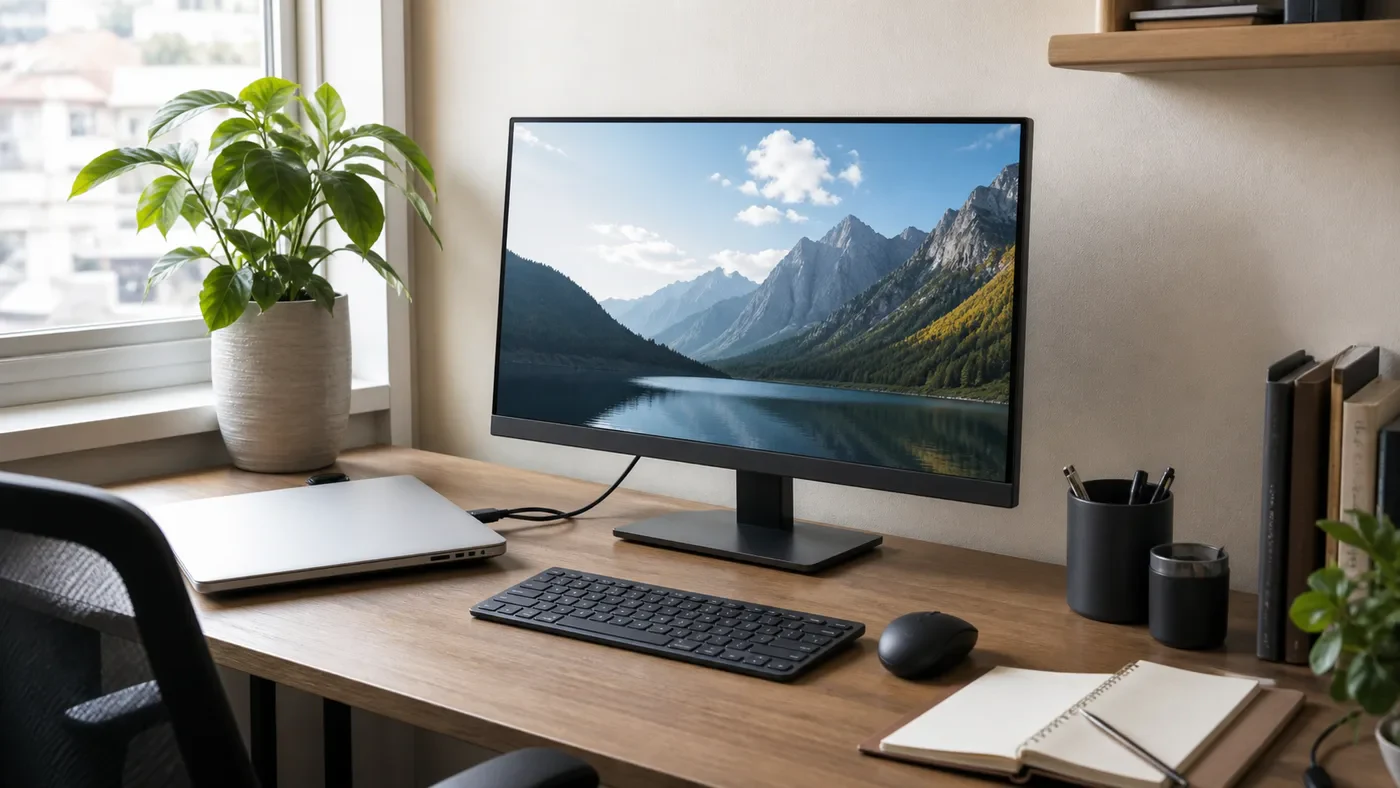 ノートPCと外部機器を一台の27型4Kモニターへつないだ日本の小さな仕事机