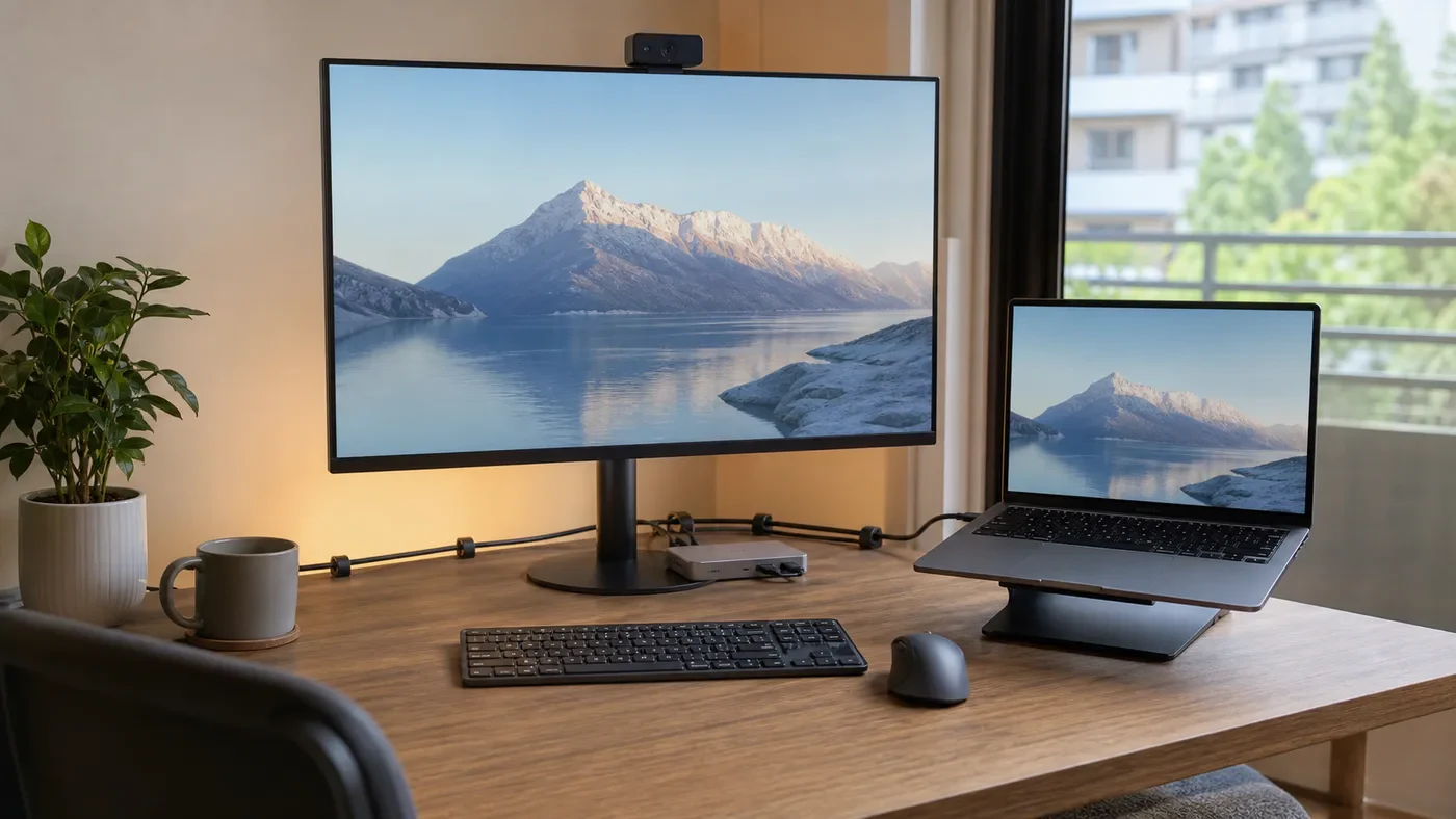 ノートPCとモニターをUSB-Cケーブル一本でつなぎ、机の配線を減らす場面