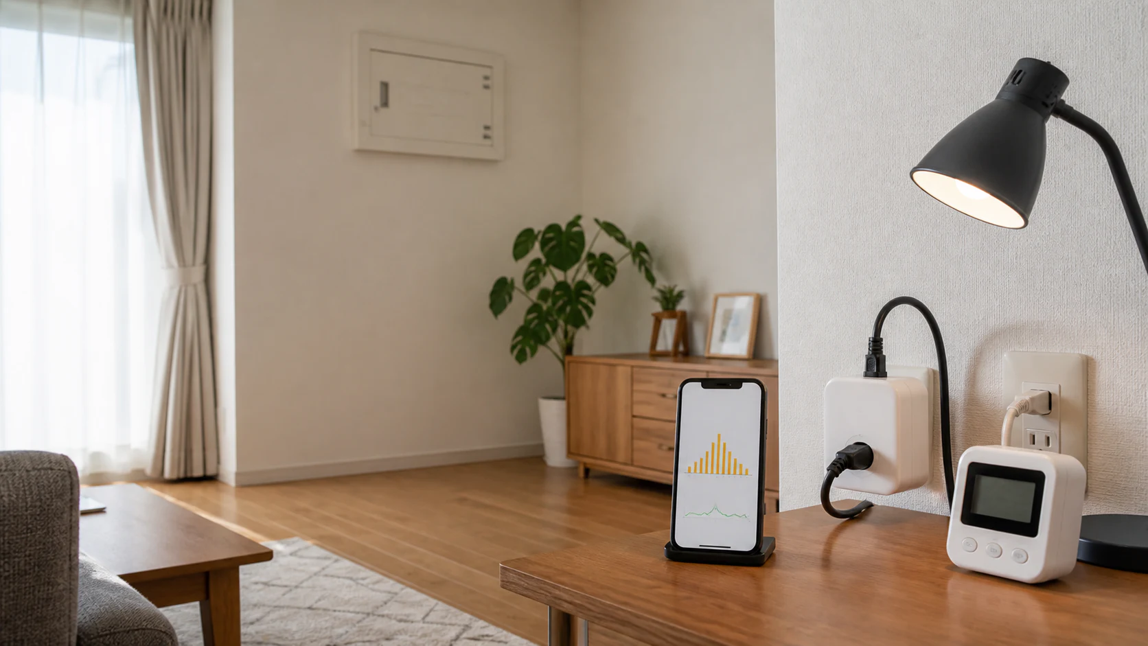 日本のリビングでスマートプラグ、ワットチェッカー、電気使用量の表示を比べる様子
