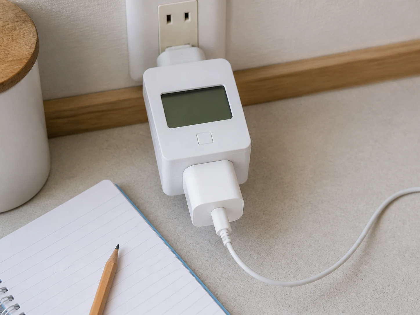 コンセント式ワットチェッカーで充電器を一度測るイメージ