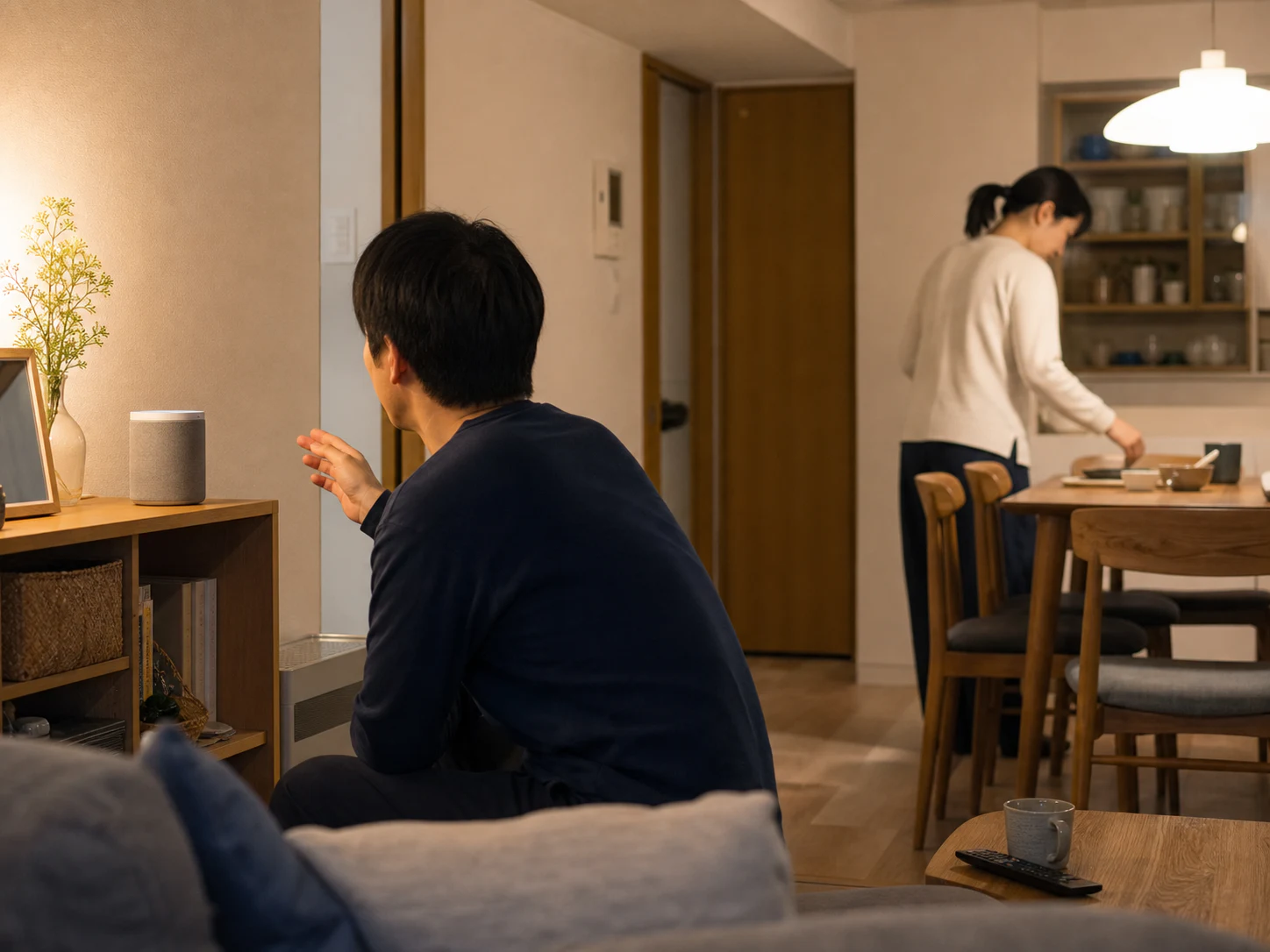 家族が同じスマートホームを使う日本の玄関とリビングの生活場面