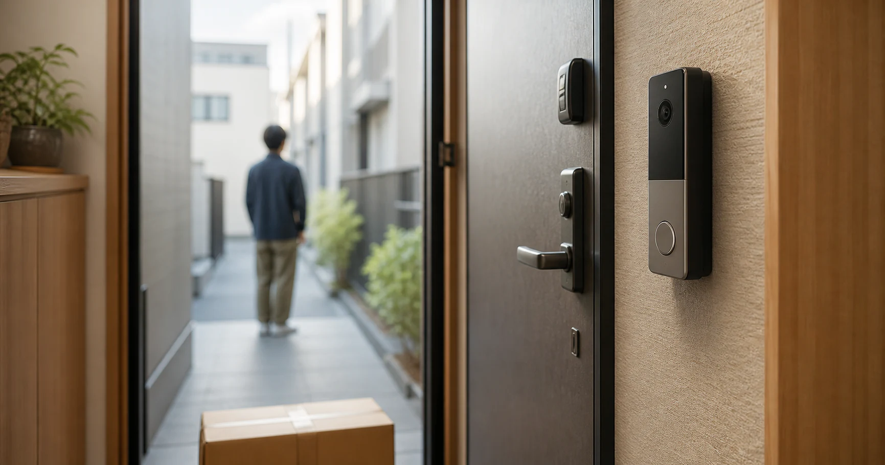 日本の集合住宅の玄関でRing Battery Doorbellが来訪者と置き配の箱を映す設置イメージ