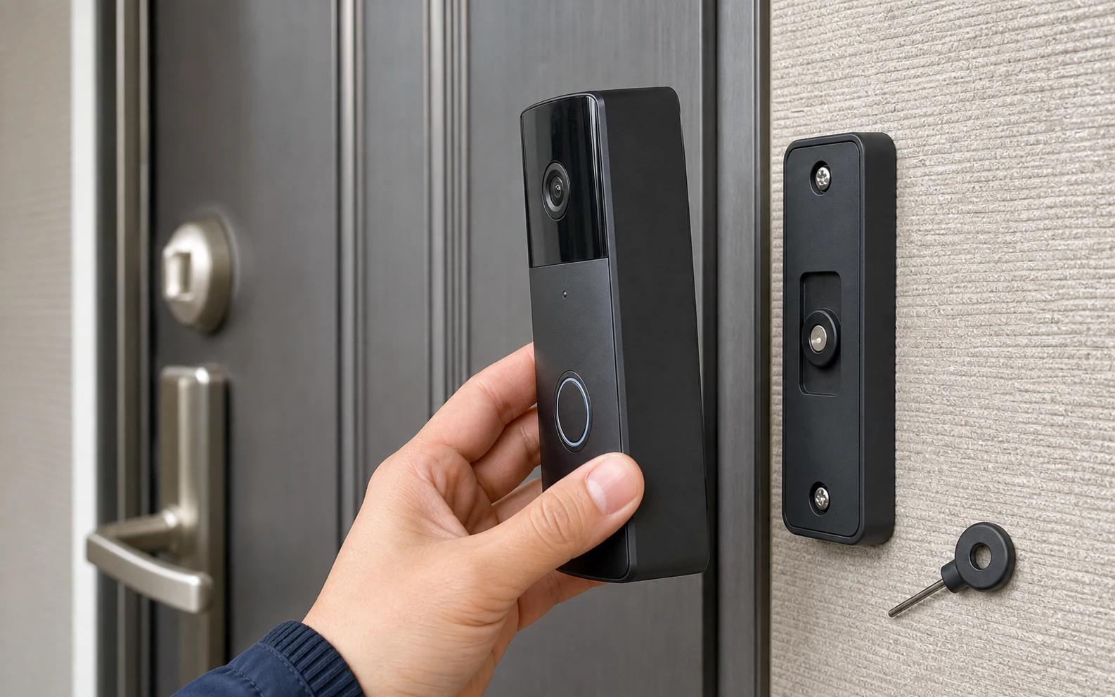 Ring Battery Doorbell本体をマグネット付き取り付け台から外す設置イメージ