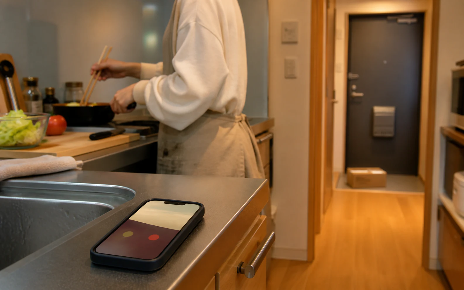 料理中にスマートフォンへ玄関の通知が届く日本の家庭のイメージ