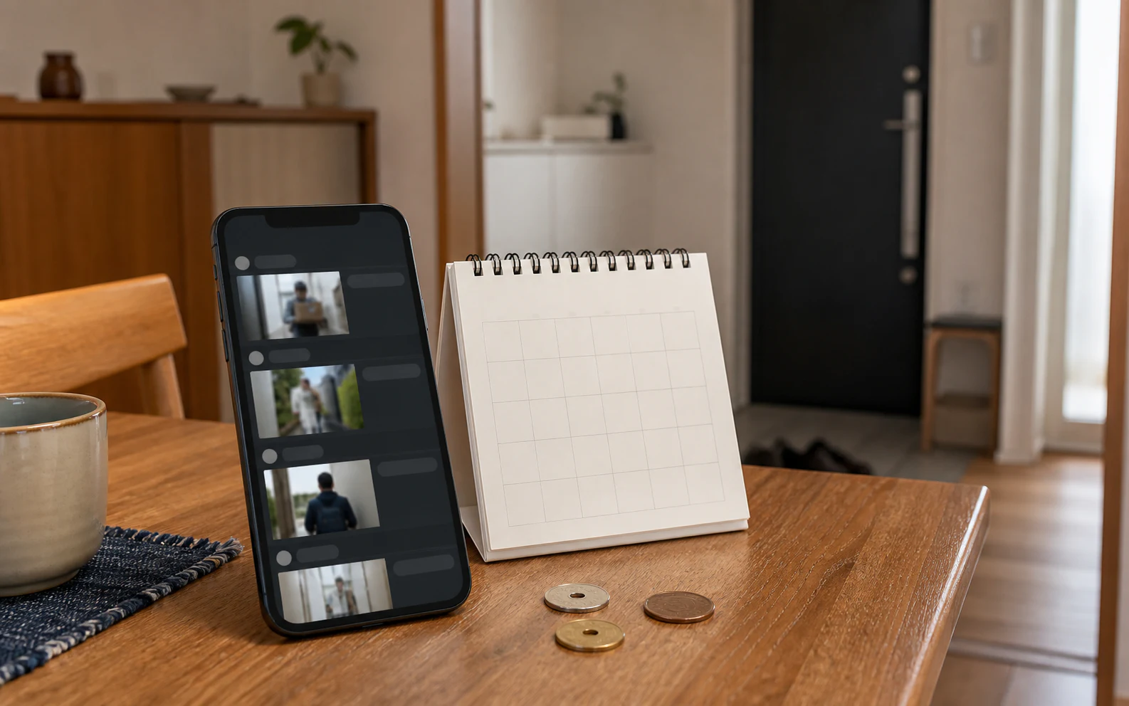 スマートドアベルの録画履歴と年額を家の中で考えるイメージ