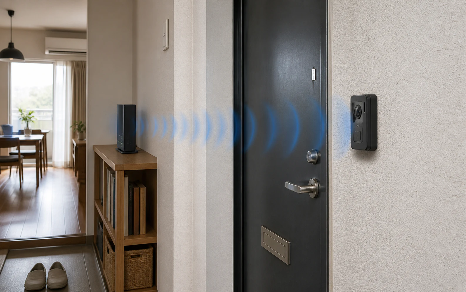 室内のWi-Fiルーターから玄関外のRing Battery Doorbellまでの距離を確認するイメージ
