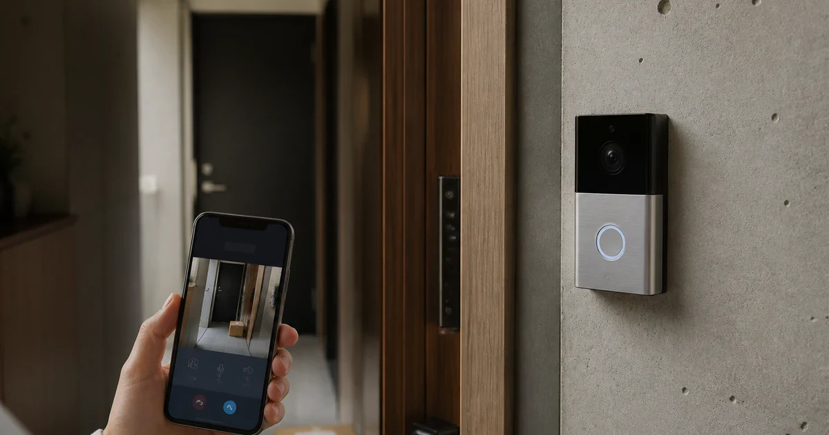 日本の集合住宅の玄関に設置されたバッテリー式スマートドアベルと、表示を確認するスマートフォン