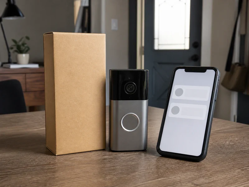スマートドアベルとスマートフォンの製品名表示を見比べる机上の確認場面