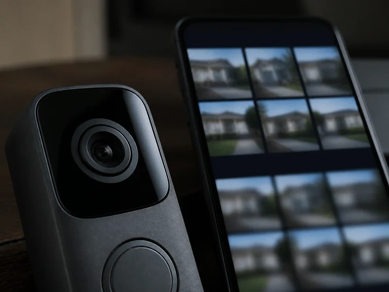 ドアベルのカメラレンズとスマートフォンの映像を確認する場面