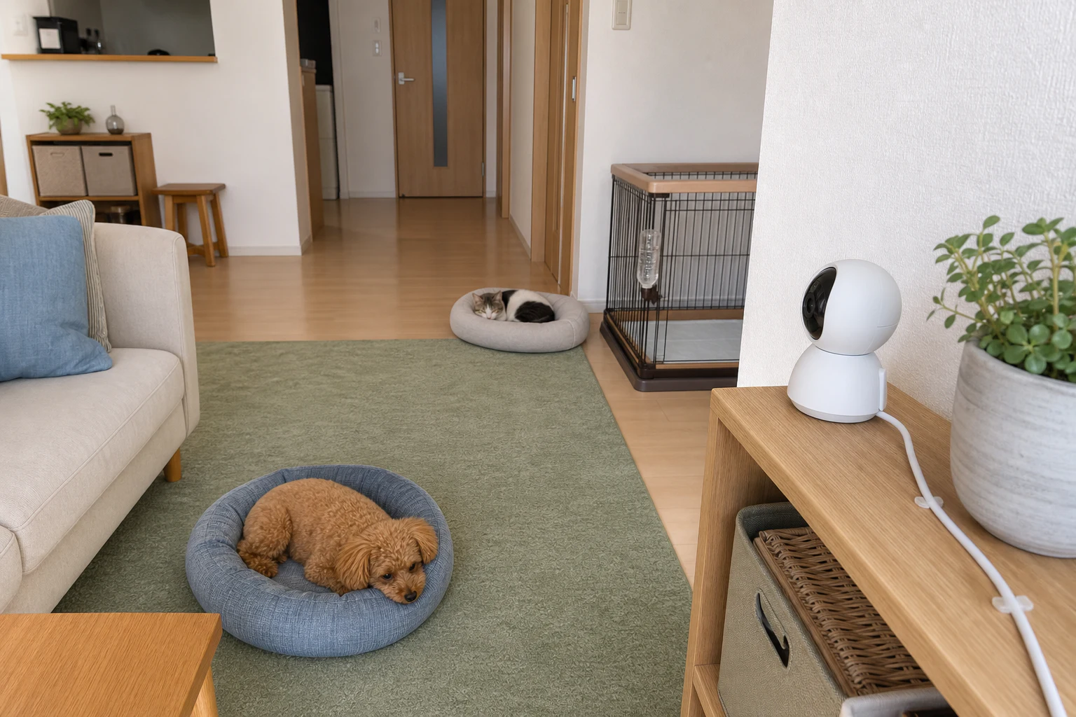 玄関、窓、カメラの死角と電源を測る様子